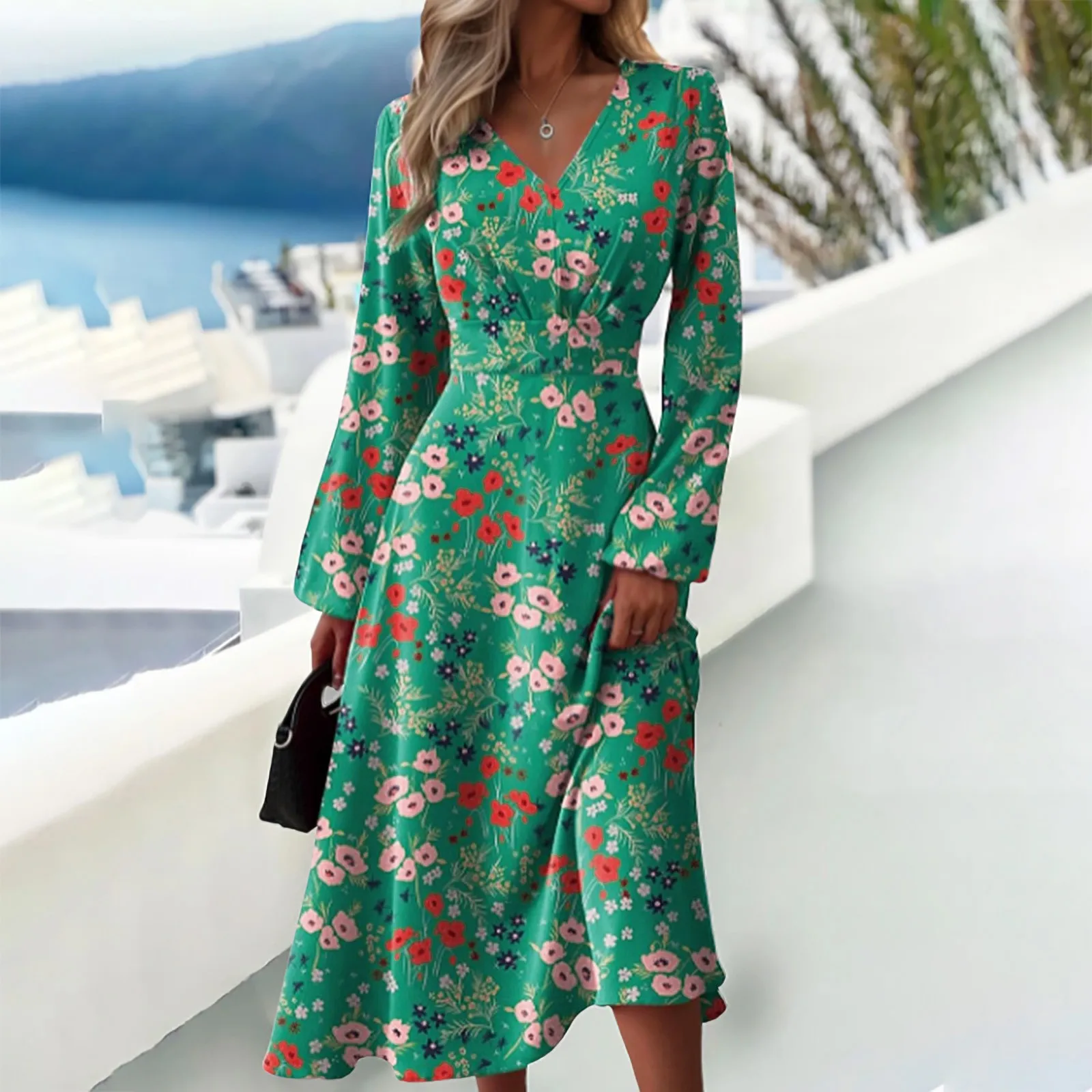 Ladies Fashion Print Dress Multi-Color V-Neck Long-Sleeved Dress Elegant Chic Dress Casual Lady Holiday Evening Dress