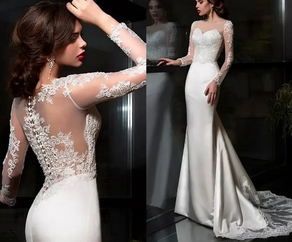 Elegante abito da sposa in raso trasparente con scollo tondo 2024 con applicazioni treno maniche lunghe abiti da sposa in raso a sirena Vestido De Noiva