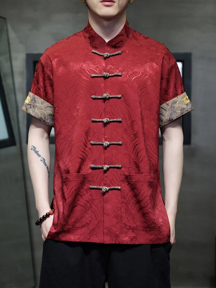 

Новая китайская летняя тонкая свободная рубашка из ледяного шелка с коротким рукавом для мужчин: модная, дышащая, легкая, повседневная, на пуговицах