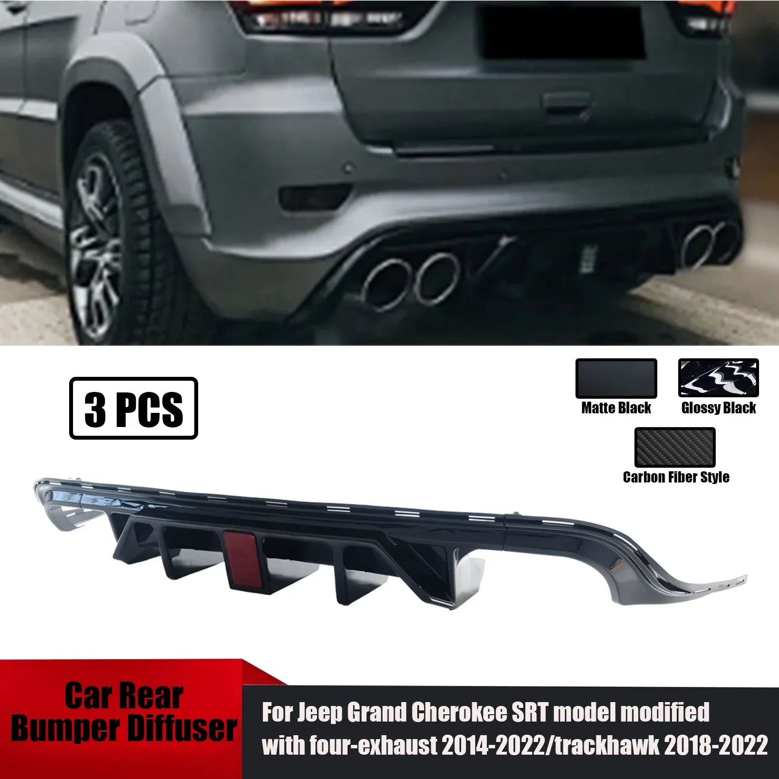 3PCS Rear Bumper Diffuser With LED For Jeep Grand Cherokee SRT Model Modified With Four-Exhaust 2014-2022/Trackhawk 2018-2022