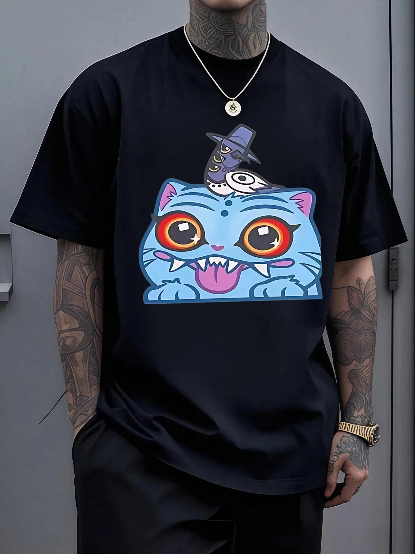 رجل قطة زرقاء مرحة مع عيون ناري واسعة وأسنان حادة تحمل للجنسين تي شيرت أنيمي ملابس الشارع الشهير قطعة واحدة #2