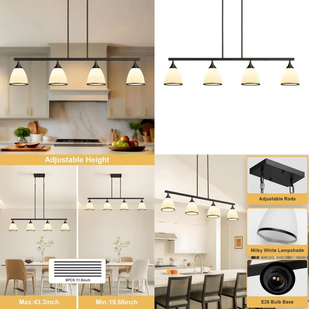 

Rustic 4-Light Kitchen Island Pendant, 39.3 Dining Linear Light, Modern Farmhouse Chandelier, White Glass Shade Hanging Lamp