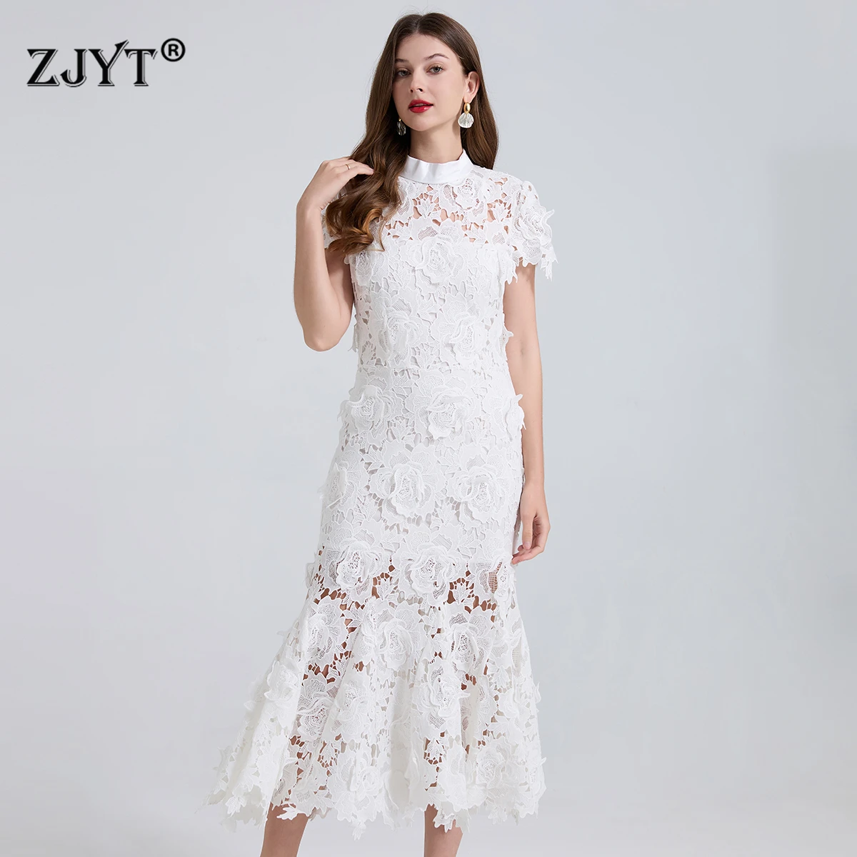 

ZJYT Runway 2025 Summer Midi Mermaid Lace Dress for Women Elegant Designer Crochet Hollow Sexy White Blue Party Dresses Vestidos