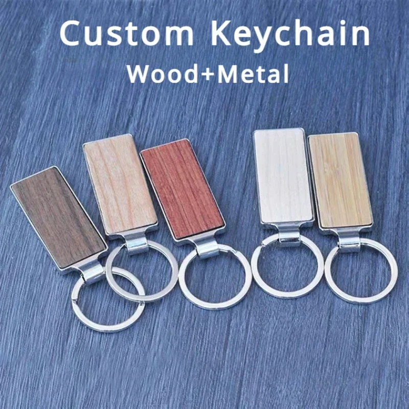 

Customized Bamboo Wooden Metal Keychain Blank Walnut Wood Engraved Car Key Chain Personalized DIY Logo Keyring Gift For Firend