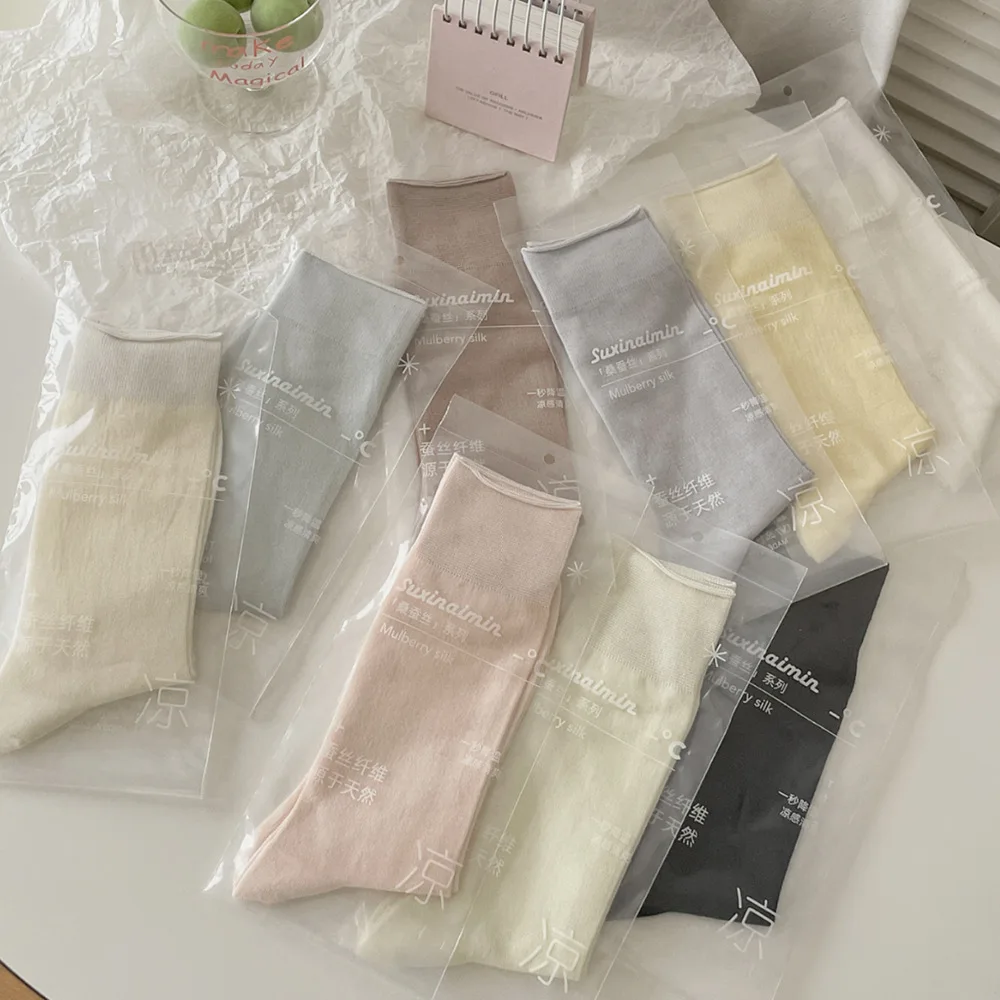 9 Pairs Women's Spring and Summer Thin Mulberry Silk Breathable Mid-calf Socks White Cozy School Socks for Girls High Quality