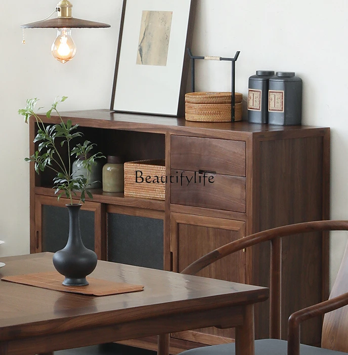 

Black Walnut Simple Solid Wood Dining Side Storage Tea Cabinet Living Room Cabinet against the Wall