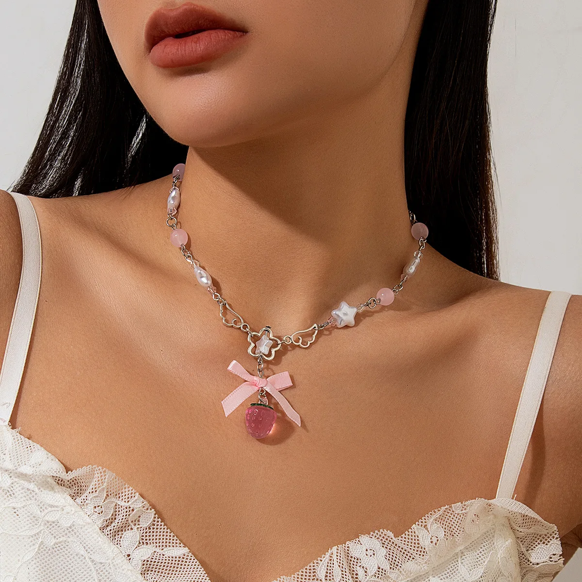 Accessories, sweet acrylic strawberry pendant necklace, imitation pearl webbing collarbone chain