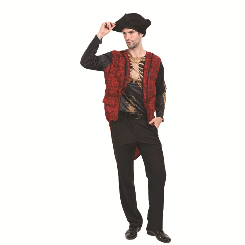 Caribbean Halloween red pirate Cosplay Black Suit Costumes Carnival Party for Adult man Ocean Captain