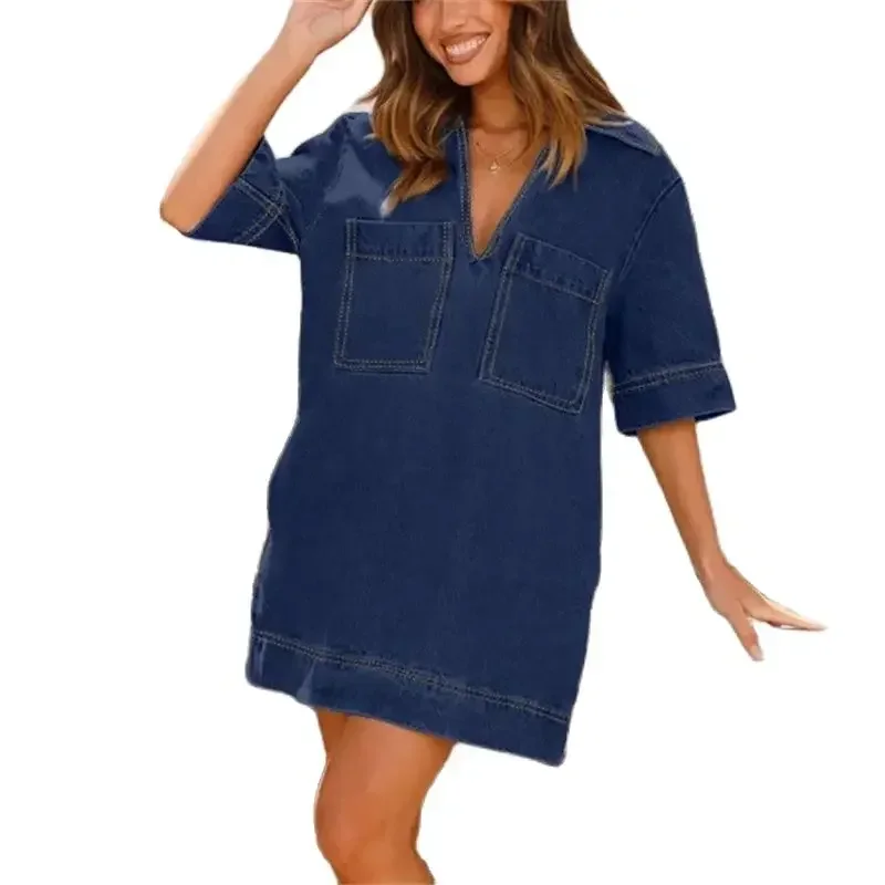 2024 Summer Thin Double Pockets Patchwork Denim Dress Women Daily Casual Gown Female Lapel Deep V-Neck Half Sleeve Loose Dresses