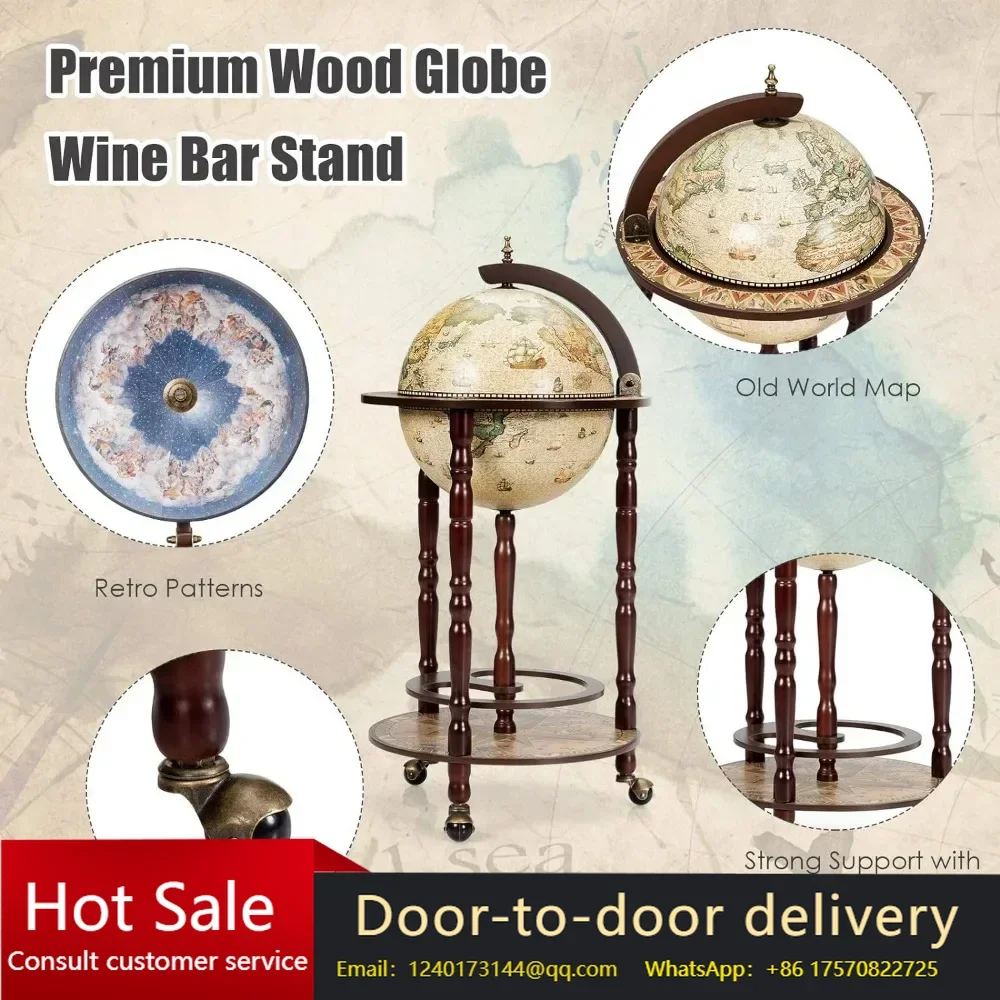 

ood Globe Bar Liquor Cabinet: 16th Century Italian Replica Bar Stand for Liquor, Wine, Stemware, and Vintage Alcohol Cart