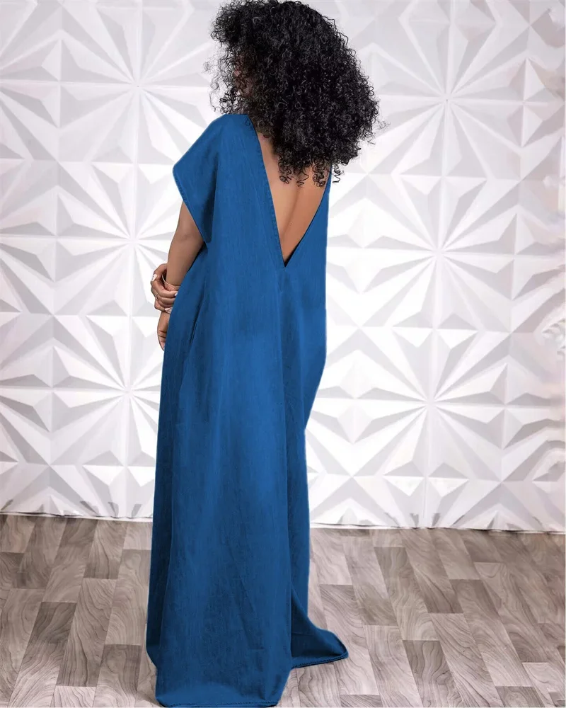 Vintage Loose Waist Solid Color Dresses Women Casual Commuter Back Deep V Backless Dress Female Double Pockets Floor Length Gown