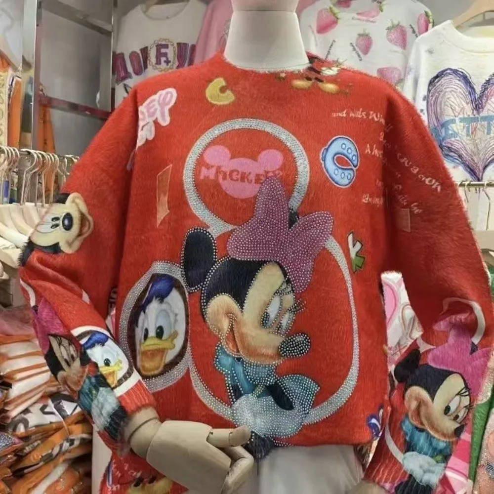 سترة نسائية كبيرة الحجم بطباعة كارتون ديزني، بلوفر ميني آند دونالد داك مطرز بالترتر، بلوزة كاجوال فضفاضة بأكمام طويلة متماسكة