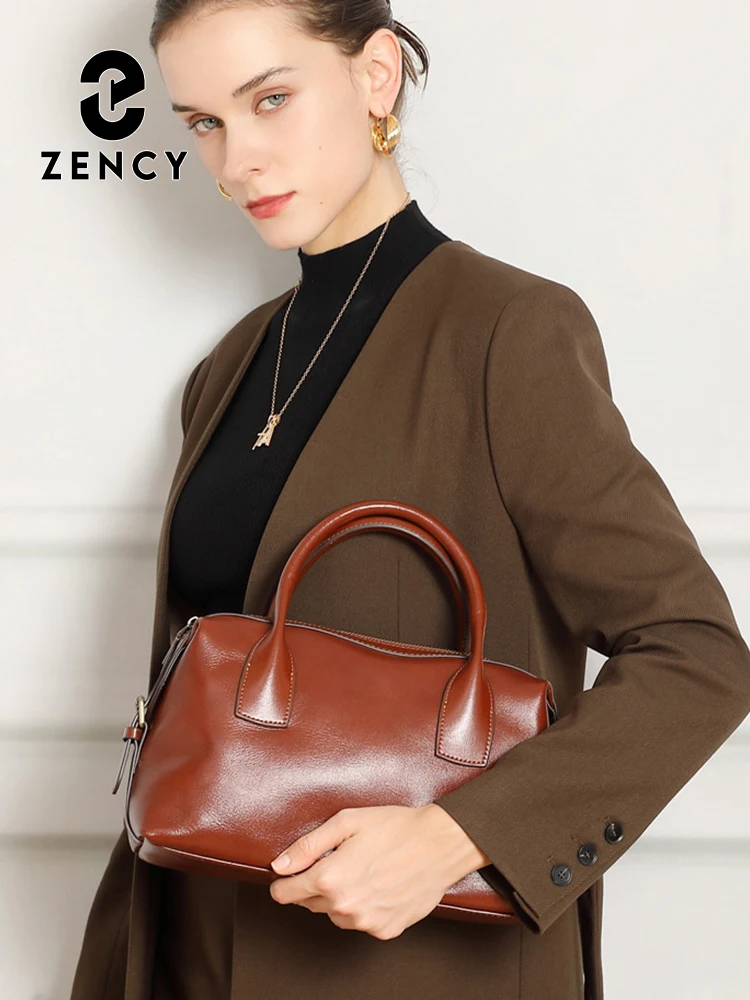 Zency 2026 Genuine Leather Top-handle Bag For Women Shoulder Handbag Crossbody Large Capacity Boston Bags for Commuters