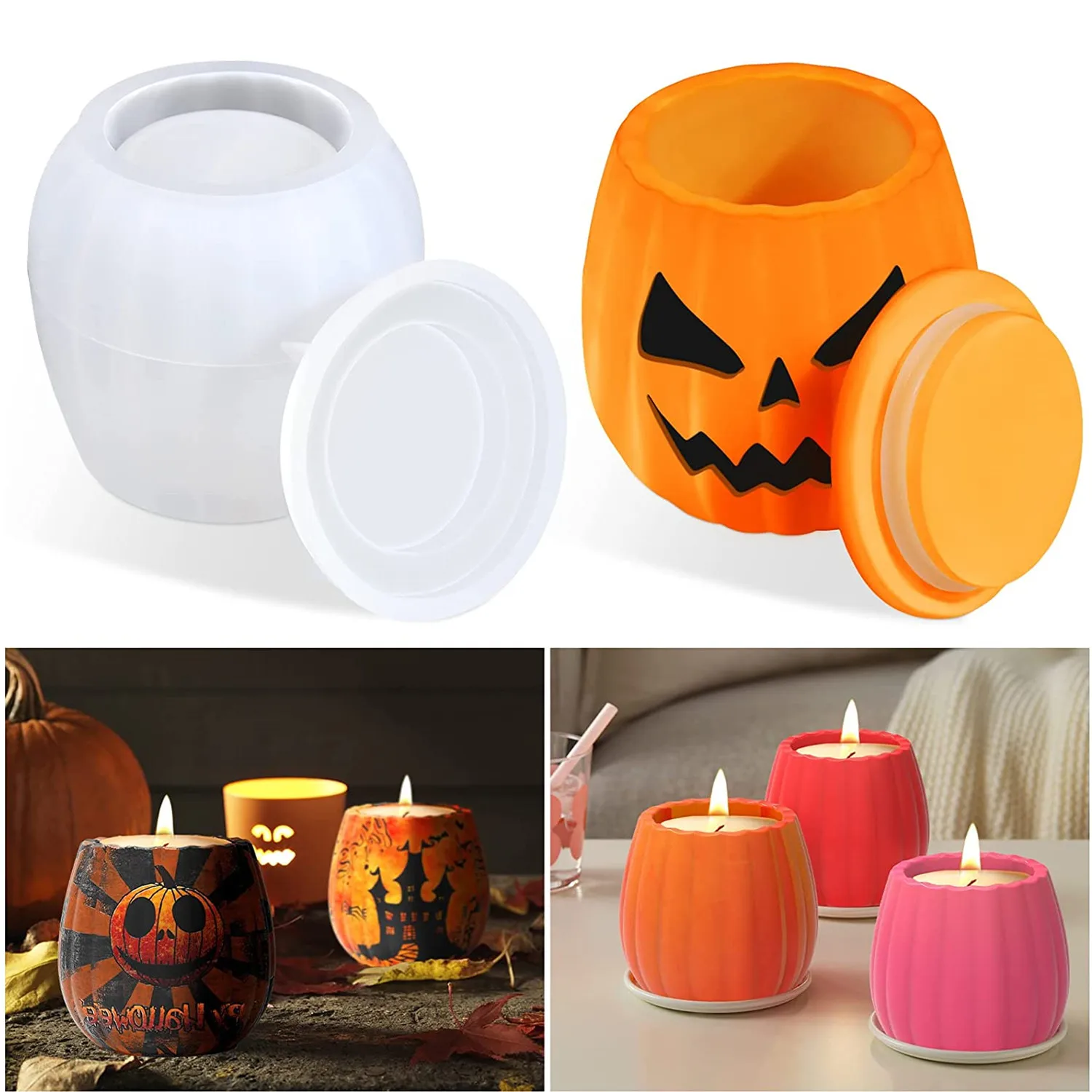 

Candle Jar Molds Halloween Pumpkin Shaped Silicone Concrete Mould for Scented Candle Holder with Lids Making Supplies Decor Tool