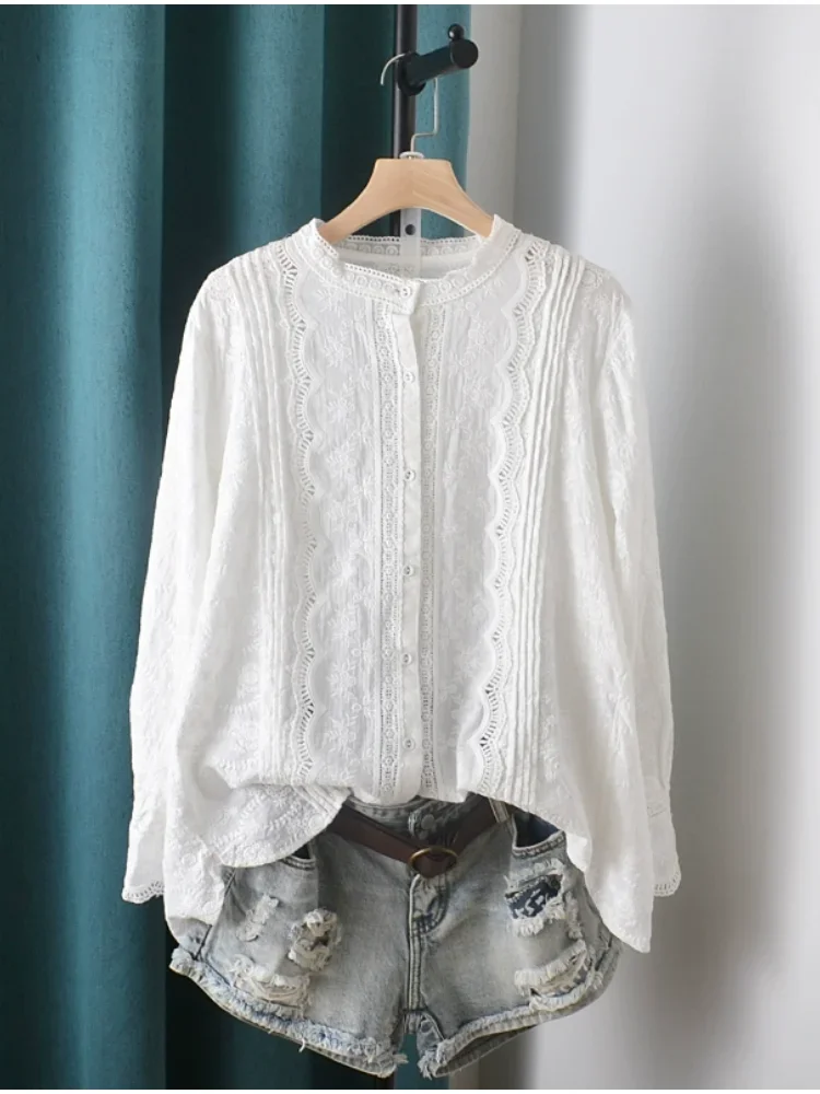 

Satnd Collar Ruffles Pleated Flowers Embroidery Cotton Long Sleeve Shirt Blouse Women