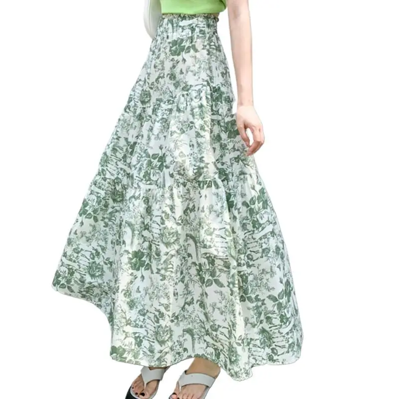 

Summer New Cotton Fresh Green Print Lotus Leaf Side Skirts Korean Elastic Waist High Strecth Elegant Vintage For Women Vestidos