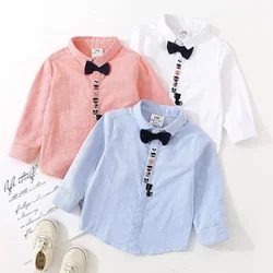 2024 Spring Autumn 2 3 4 6 8 10 Years Children White Cotton Bow Handsome Turn-Down Collar Bow Handsome Shirt For Kids Baby Boys