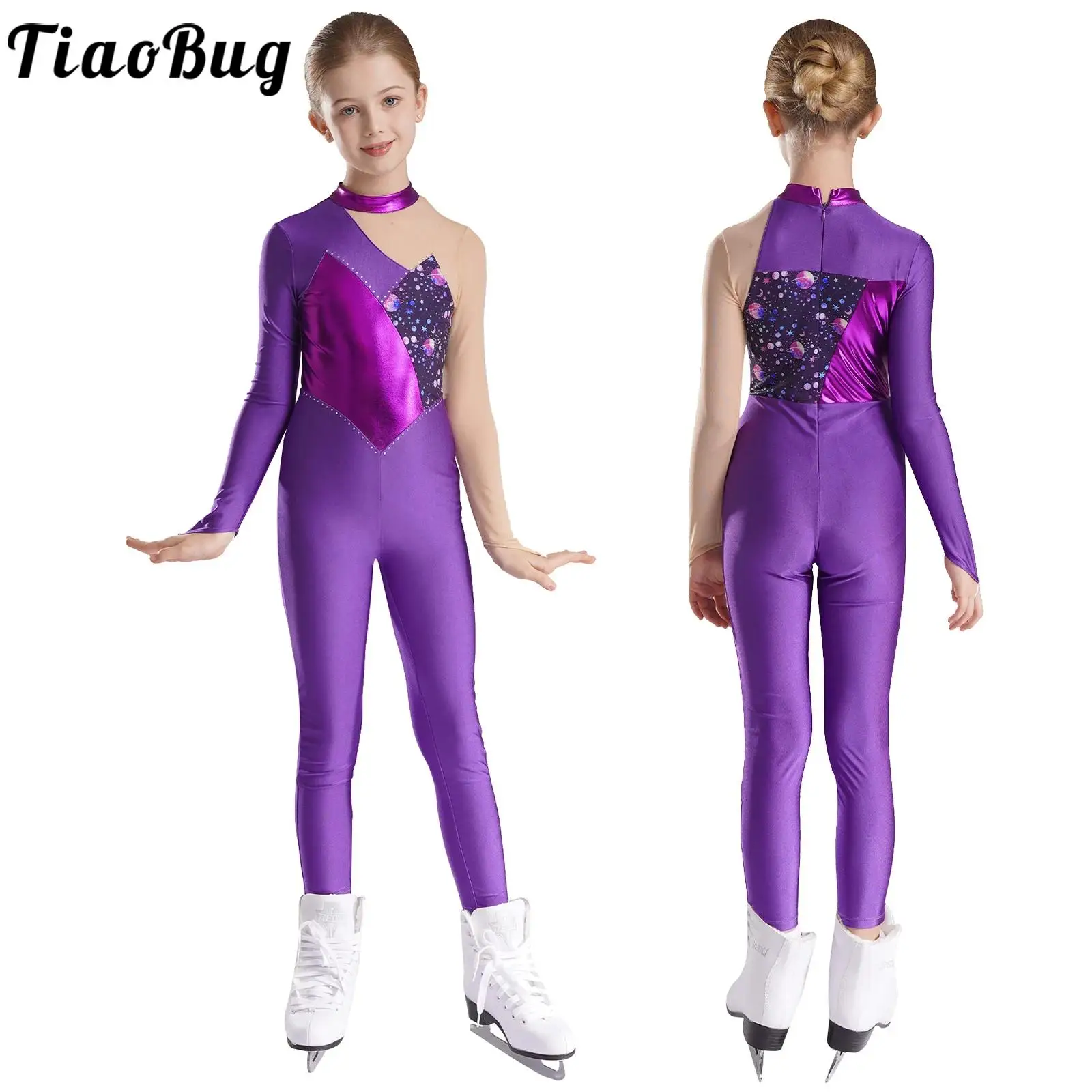 

Kids Girls Shiny Metallic Jumpsuit Full Body Suit Long Sleeve Printed Ballet Dance Bodysuit Gymnastics Skating Leotard Costume