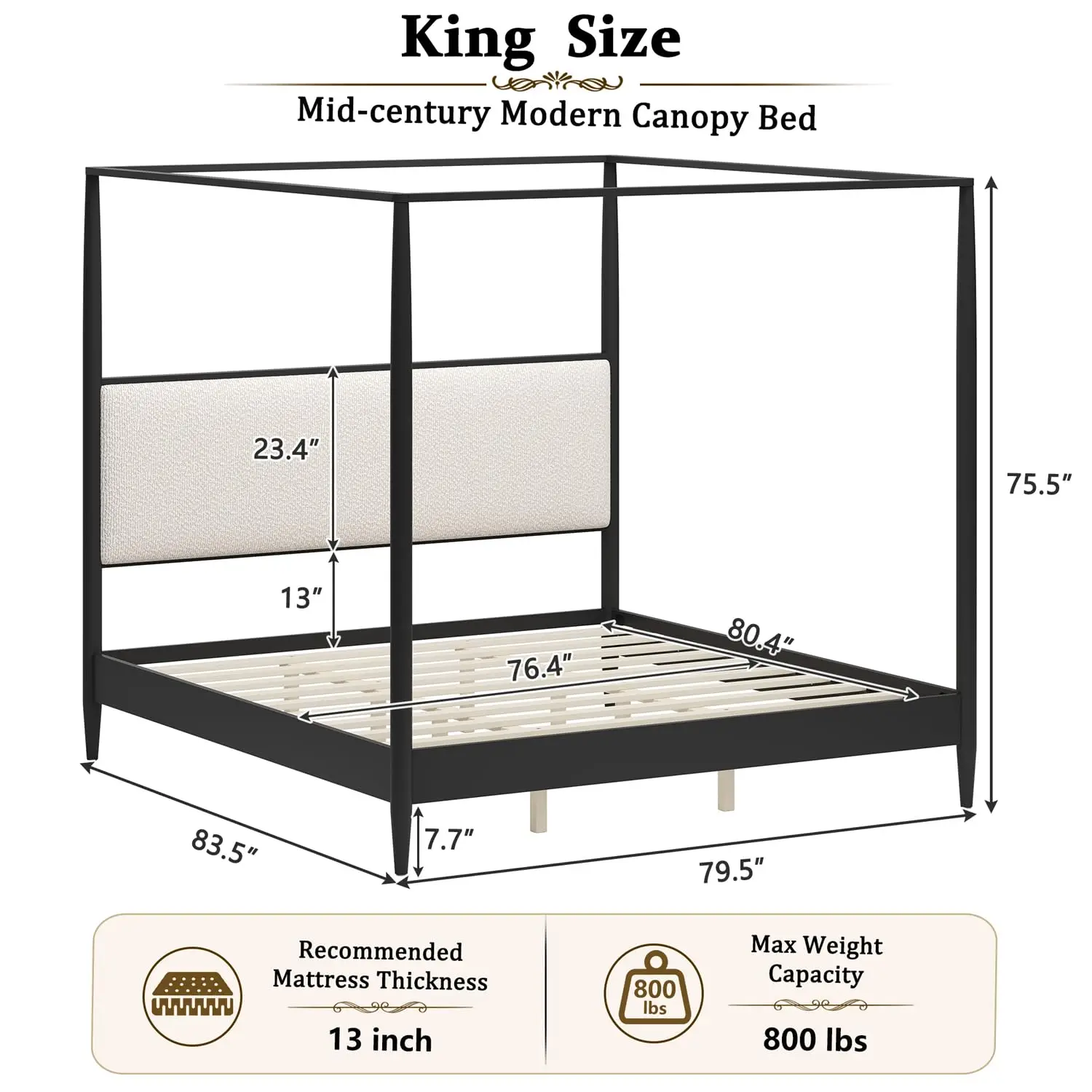 Canopy Bed Frame Black Vintage Four-Poster Platform, Customized