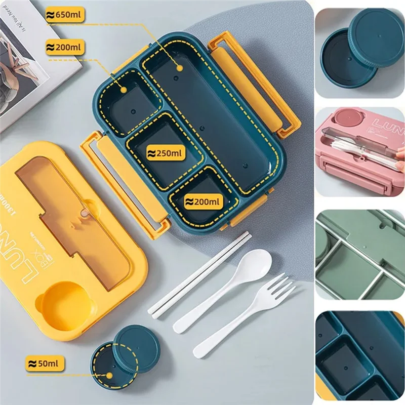 

AONEQ-Portable With Grid Division Lunch Box Students Office Bento Box With Fork And Spoon Microwave Food Storage Container