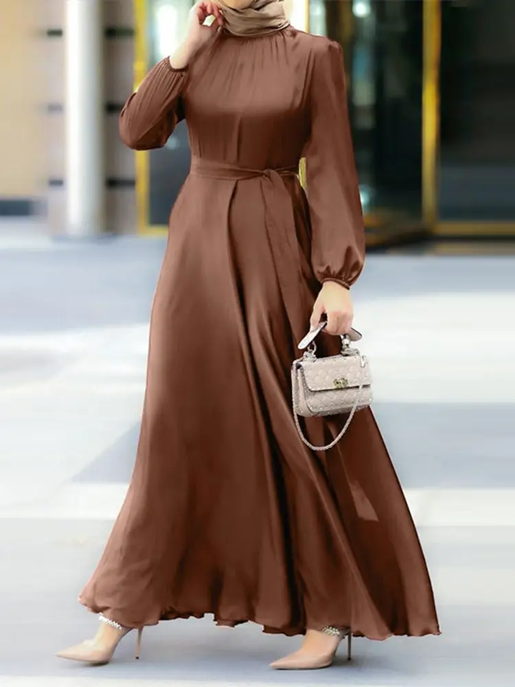 Women\'s Muslim Party Solid Satin Maxi Dress 2023 Spring Chic Elegant Puff Sleeve Robe Casual Holiday Swing Kaftan OL Dubai Abaya