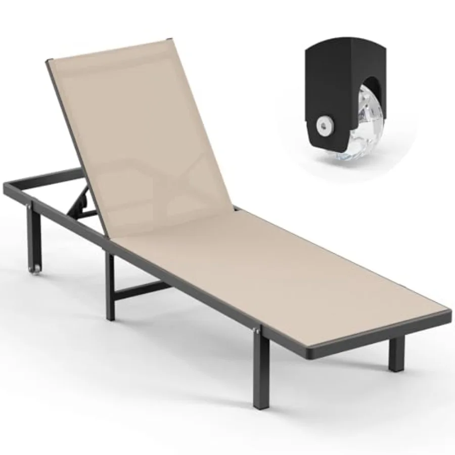 

Outdoor chaise lounge chair with aluminum frame, khaki color, 5-position adjustable backrest and wheels for easy mobility on de
