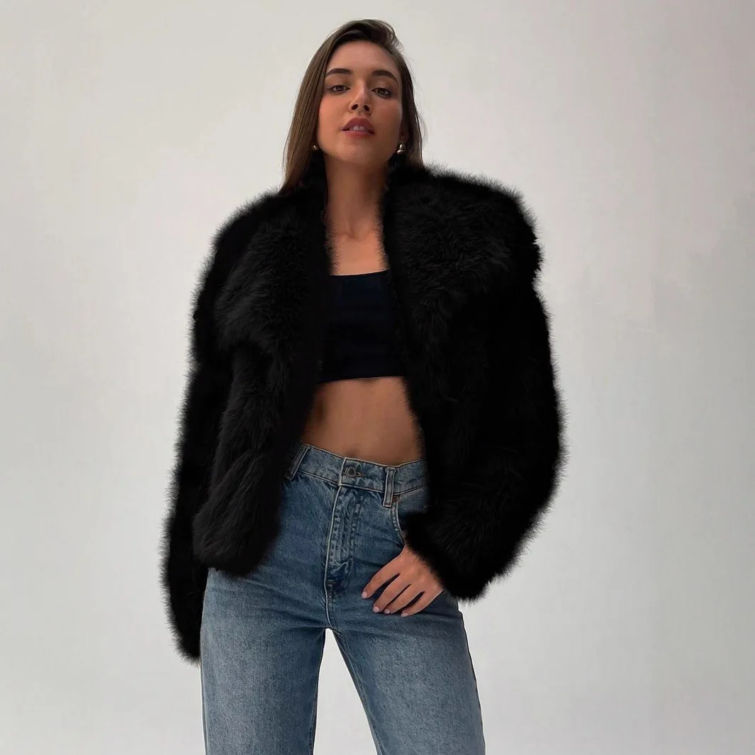 Faux Fur Coat Women Short Jacket Solid Turn Down Collar Long Sleeves Open Stitch Loose Fit Thick Office Lady Casual 2025 Winter