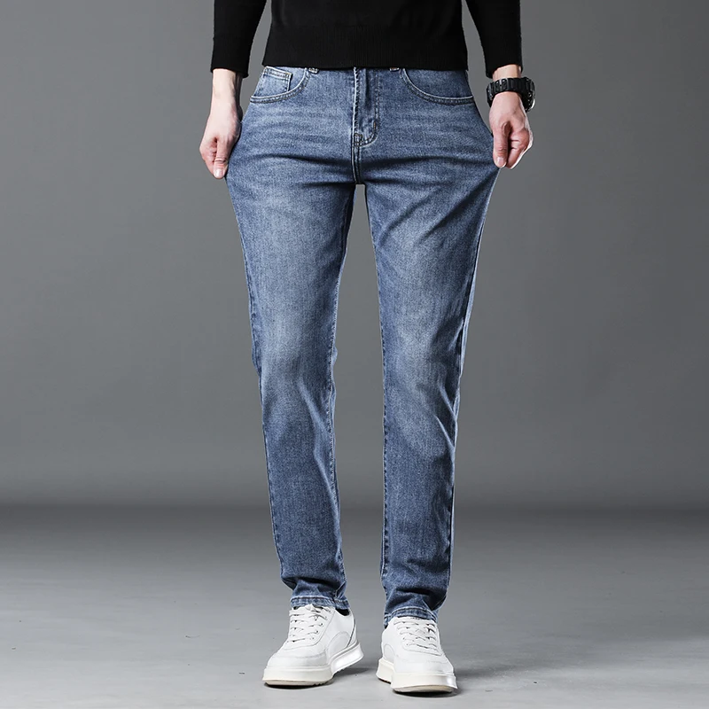 Jeans compridos com elástico reto masculino, seção grossa, calça empresarial solta, moda casual, tamanho grande, outono e inverno, 2024