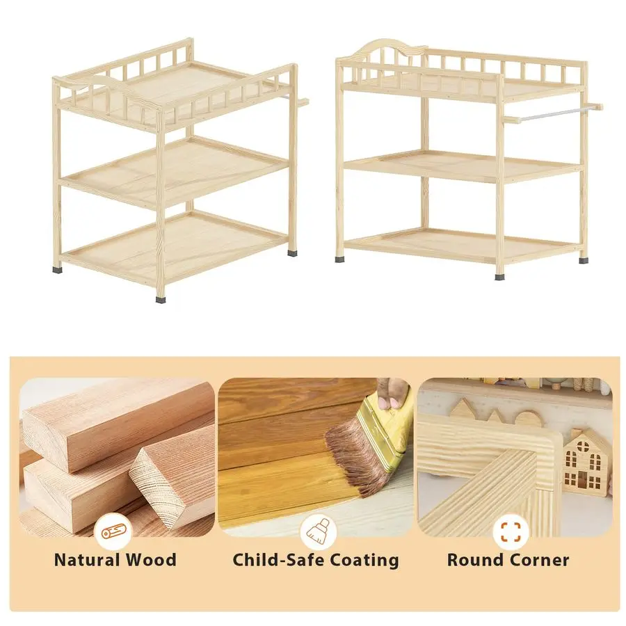 طاولة تغيير في هيكل من الخشب الصلب الطبيعي بسعة وزن يصل إلى 30 رطل، محطة تغيير محمولة لحضانة الأطفال، Ne #3