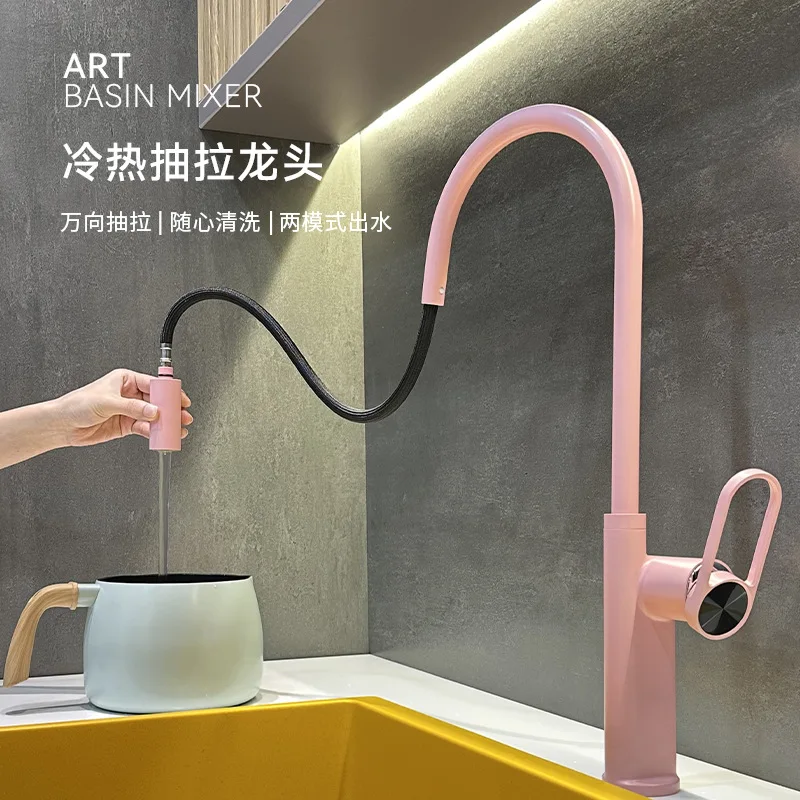 

Deck Mounted Bathroom Pull Down Faucet Two Function RV Washroom Sink Faucet Modern One Hole Hot and Cold Mixer Tap Pink