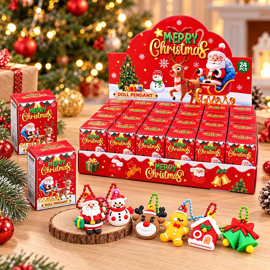 24Pcs Christmas Keychain Set Cute Santa Claus Snowman Reindeer Design Pendants Bag Hooks for Xmas Party Reward Gift