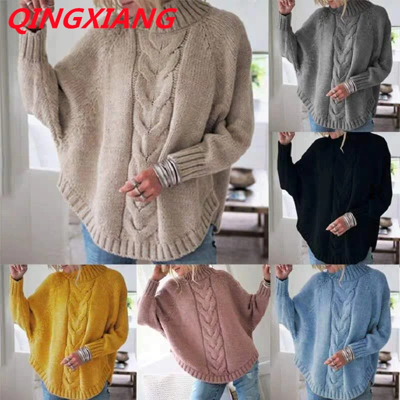 6 Colors Women Long Batwing Sleeves Knitted Sweater Outstreet Wear Fashion High Neck Loose Twists Style Pullover Knitwear