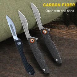 Carbon Fiber Handle Utility Knife, EDC Portable Pocket Folding Knives, Lâmina substituível, Abra com uma mão, Ferramentas de autodefesa