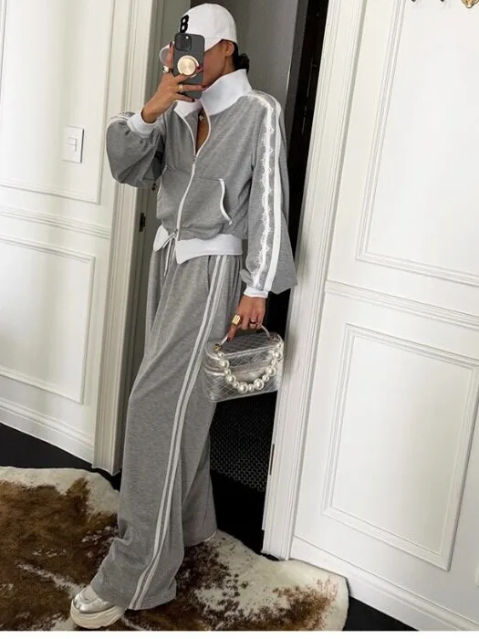 Lace Trim Color Block Open Cardigan Women's Stand Collar Double Zipper Loose Elastic Drawstring Wide Leg Pants Set