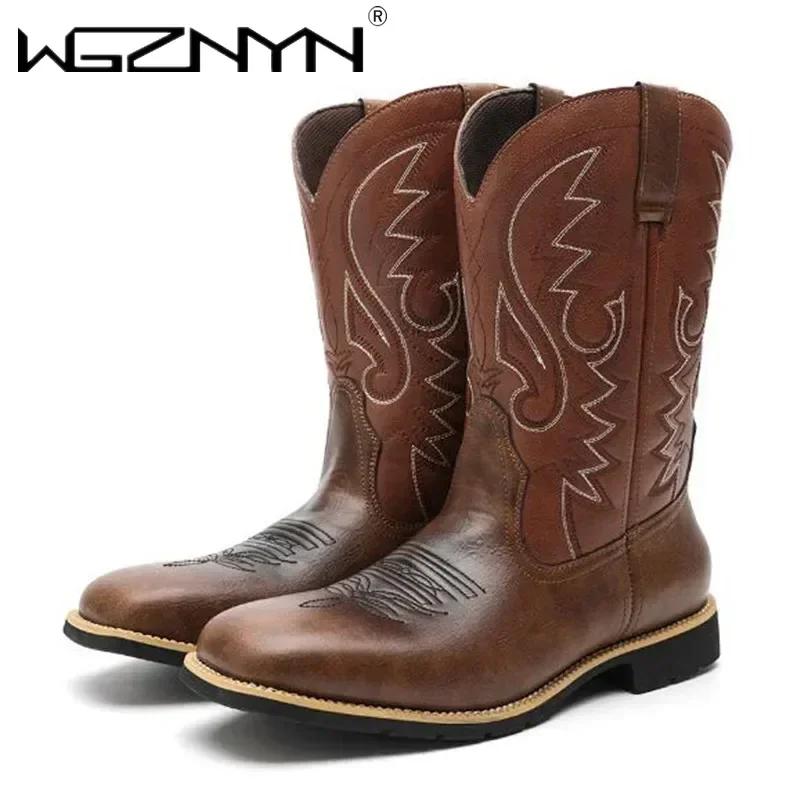 Botas de vaquero hechas a mano para Hombre, Zapatos occidentales bordados, botas a media pantorrilla con punta puntiaguda para Hombre, nuevas botas de montar sin cordones para Hombre