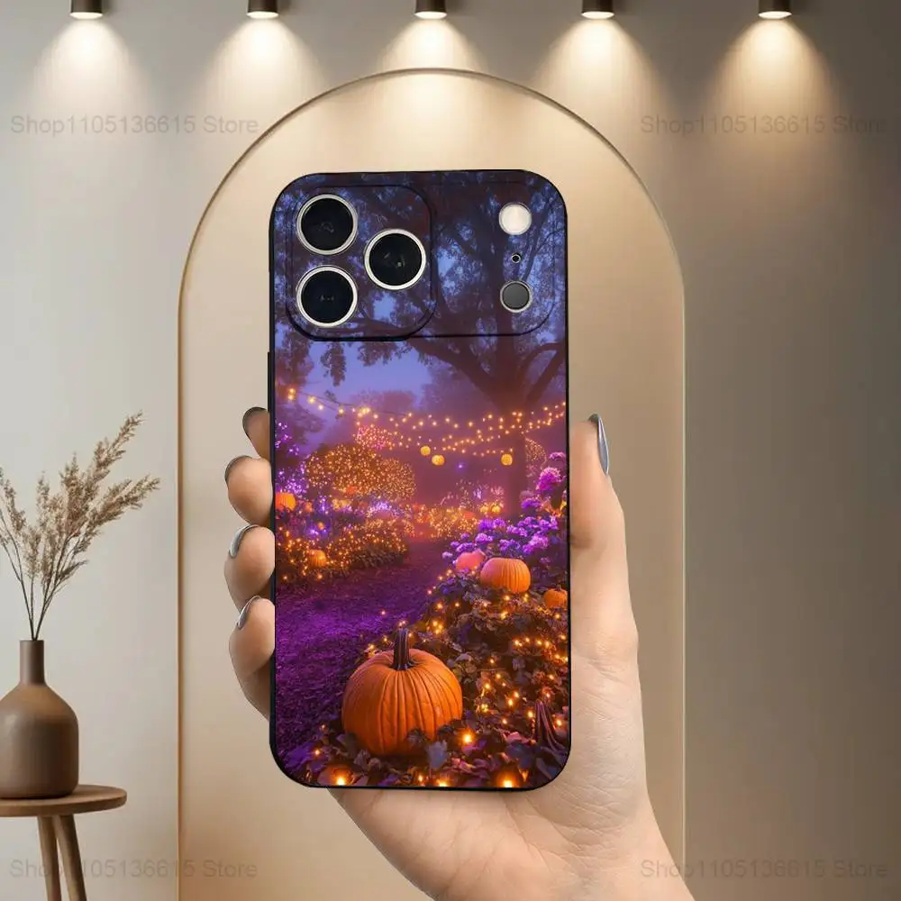 حافظة أوراق الخريف على شكل يقطين لهاتف آيفون 17,16,15,14,13,12,11 Air,Plus,Pro Max,XS,X,XR,SE,Mini,8,7,غطاء أسود من السيليكون الناعم #4