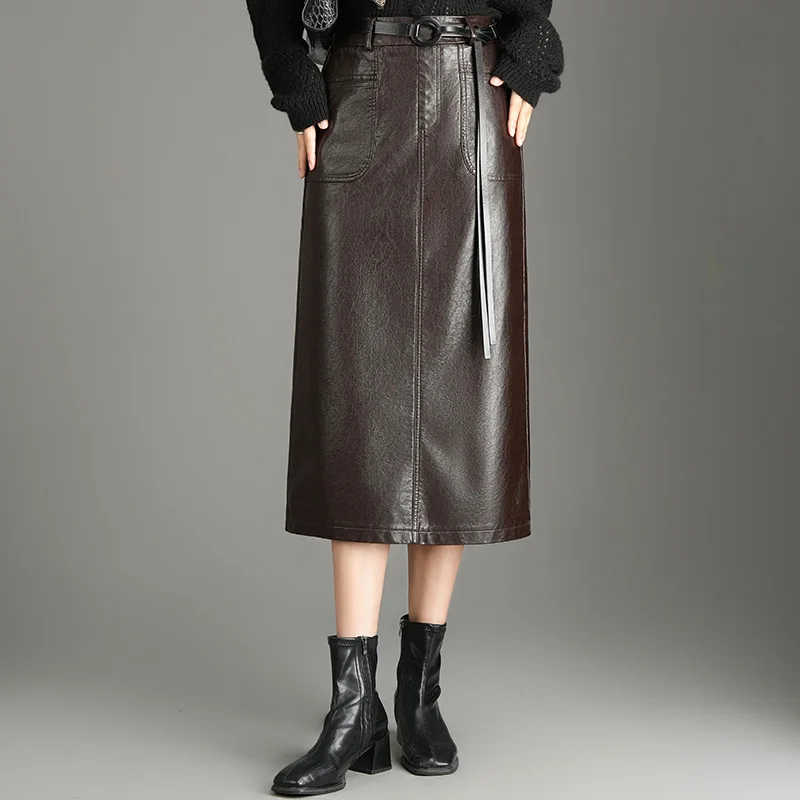 

Caramel Color PU Leather Midi Skirt Straight Cut Women's Faionable Vintage Autumn Winter New Sle High Waist f Body Skirt