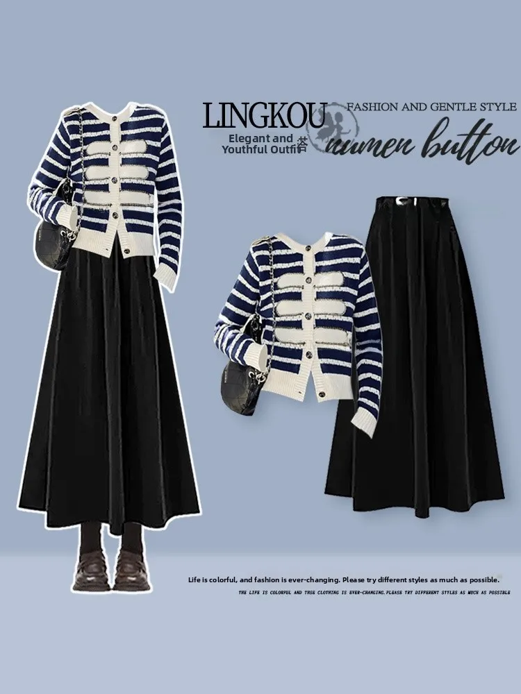 

Large Size Autumn College Style Women's Korean Striped Knitted Cardigan And High Waist Skirt Two-Piece Set Fashionable C...