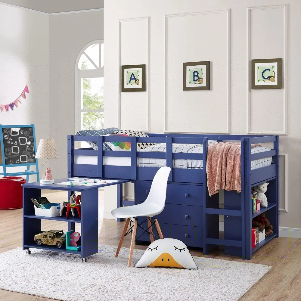 

Twin Size Loft Bed with Desk Low Study Kids Twin Loft Bed with Storage Pine Wood Loft Bed Twin for Kids Twin Loft Bed with Cabin