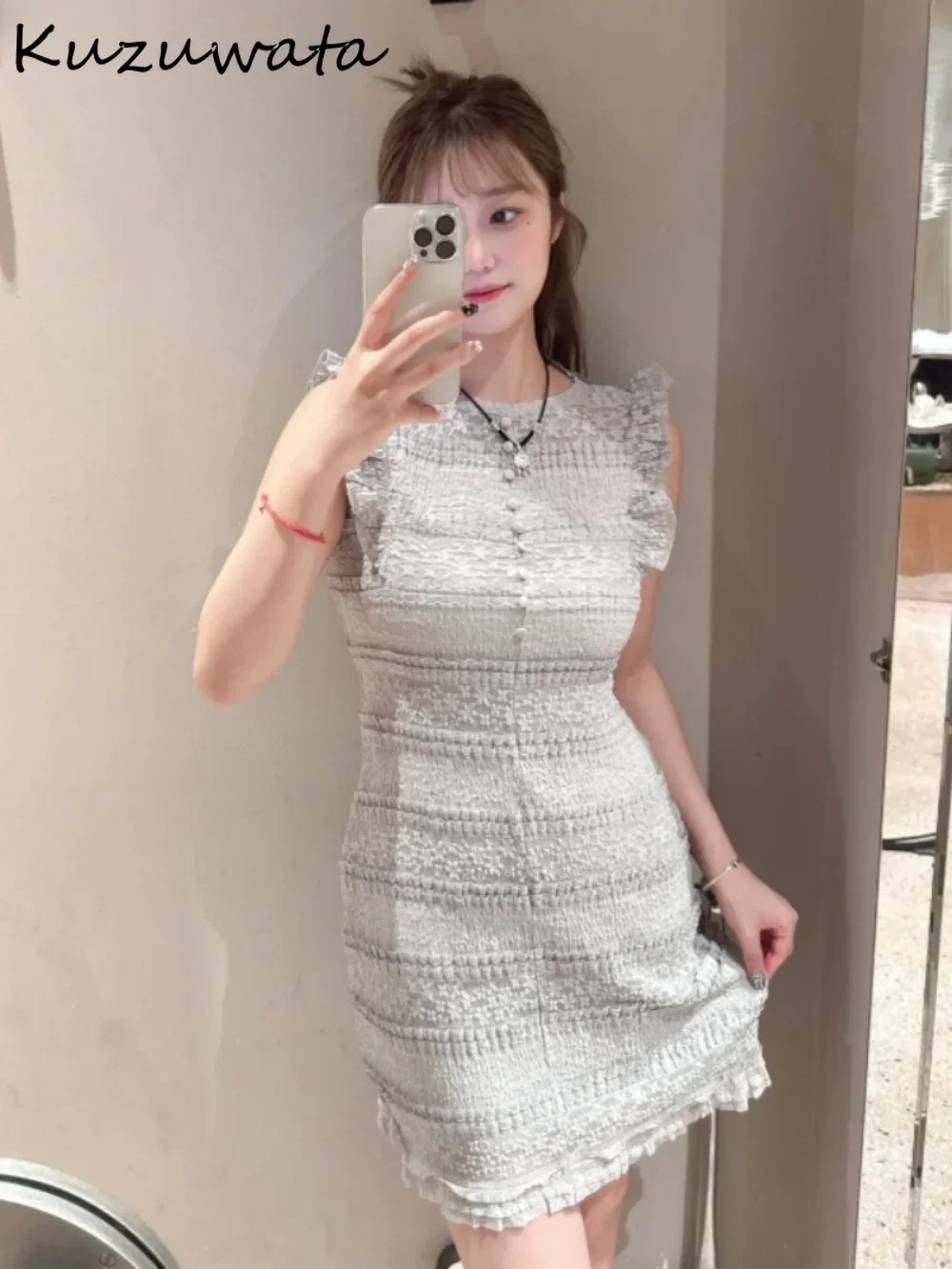 Kuzuwata New Casual O Neck Flying Sleeve Robe Patchwork Slim Fit Lace Casual Vestidos Japan Fashion Fresh Single Breasted Dress