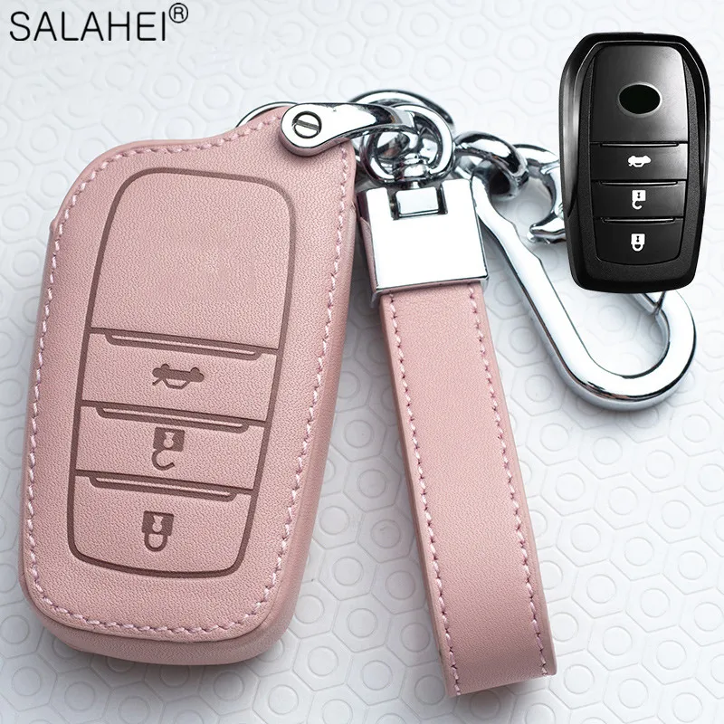 

Leather Car Key Case Cover Shell Fob For Toyota Hilux Innova Rav4 Fortuner Yaris 2021 2 3 Button Key Holder Accessories Keychain