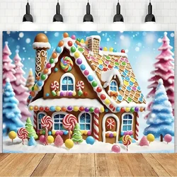 Merry Christmas Gingerbread House & Snow Tree  Backdrop - Family Photos, Xmas Eve Party Decorations & Candyland Scene