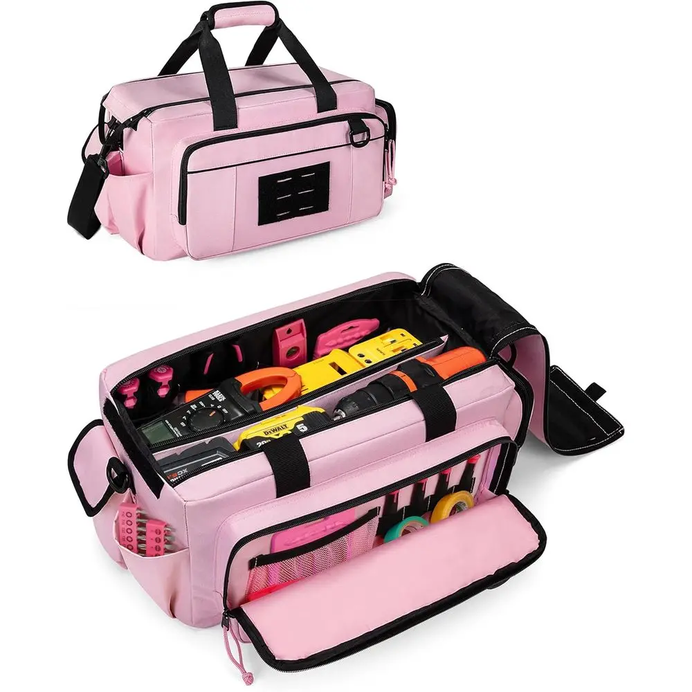 

Tactical Tool Bag or Women, 16 Inches Tool Storage Organizer Box with Wide Mouth, Large Toolbag Toolbox with Handle, Pink (Empty