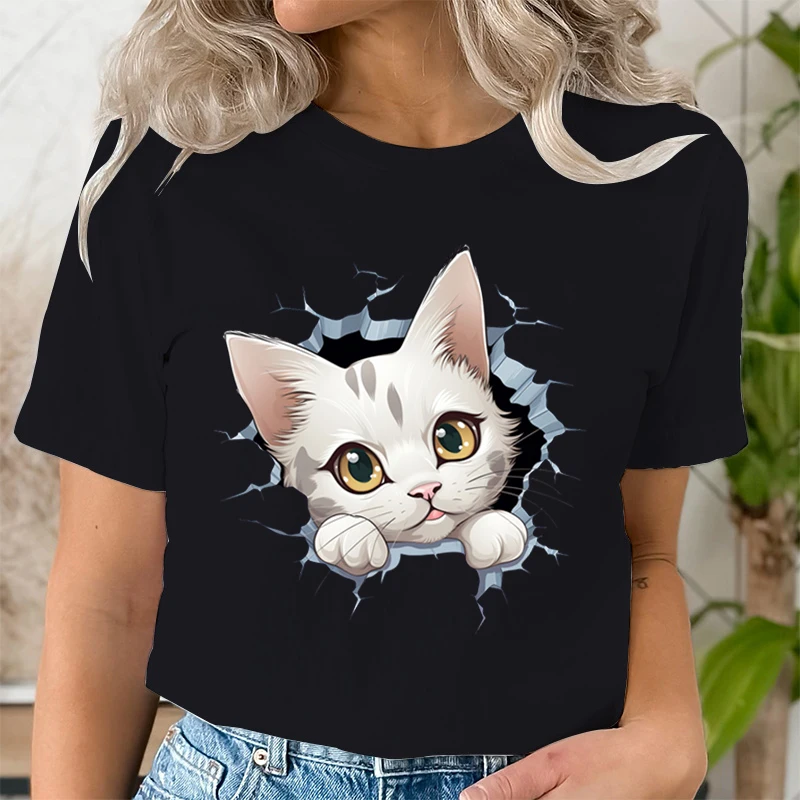 Fashion Woman T-shirts A Cat Looking Through The Wall Graphic Women's Clothing Kawaii Cat Trendy Cartoon T-shirt Cute Casual Top