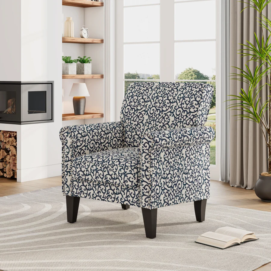 Barnet Accent Chair in Black Curly Vine Pattern with Dark Brown Solid Wood Legs For Living, Dining Rooms