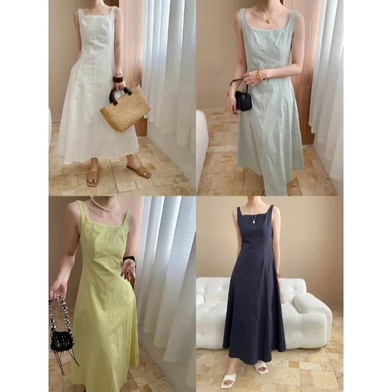 

French Tea Break Style, High-end Temperament, Square Collar, Waist Cinching, Slimming A-line Suspender Dress