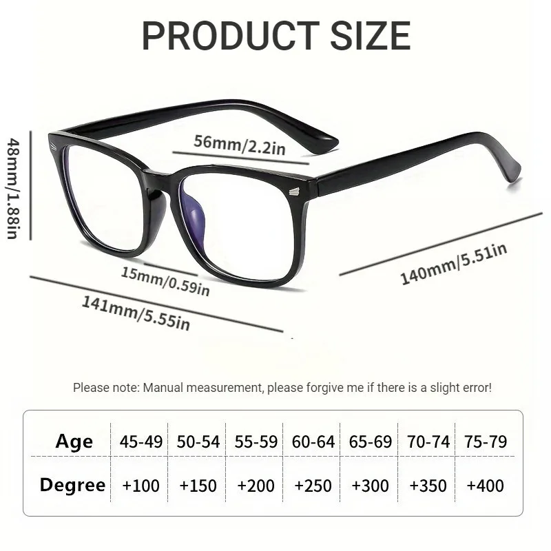 Anti Blue Light Black Square Frame Reading Glasses for Men and Women +100 To +400