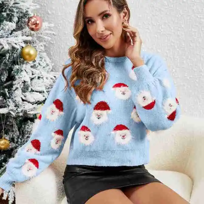 Women\'s Christmas Atmosphere Knitted Sweater Women\'s Pullover Round Neck Long-sleeved Short Sweater Autumn And Winter Versatile