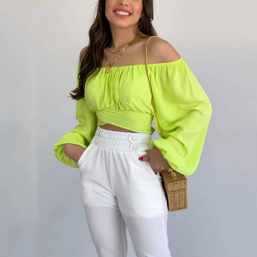 

New Hot Sale Solid Color Women Tops Off Shoulder Sexy Shirts Lantern Sleeve Fashion Casual Elegant Blouses For Ladies Daily Wear