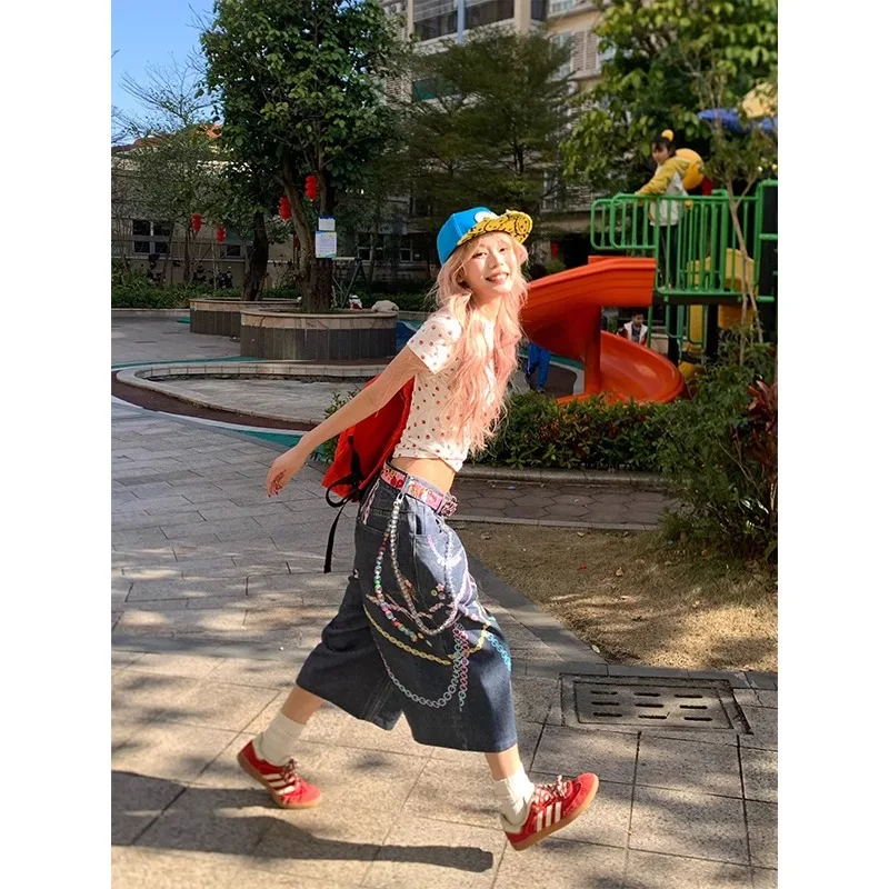 2026 New Summer Women's American 3D Chain Colorful Print Denim Shorts Loose Trendy Casual Wide Leg Cropped Pants Streetwear